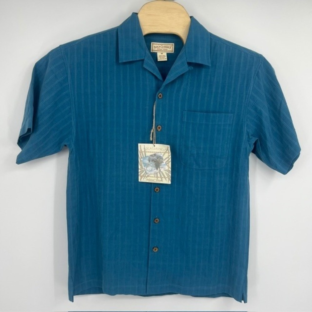 NWT Boca Classics Men's Silk Camp Shirt Teal Blue Windowpane Grid Short Sleeve